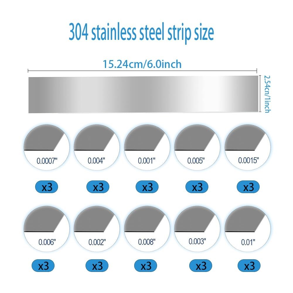 30PCS Shim Stock Assortment,304 Stainless Steel Strips,10 Sizes Thin Metal Shims