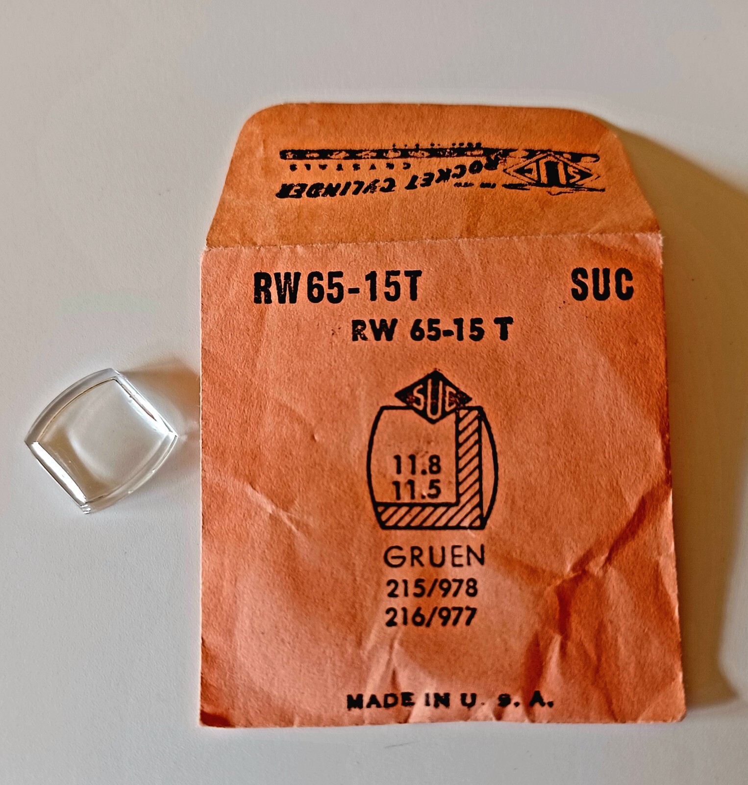 Rocket Cylinder GRUEN watch Lens SUC #RW 65-15T nos, Acrylic Replacement #D
