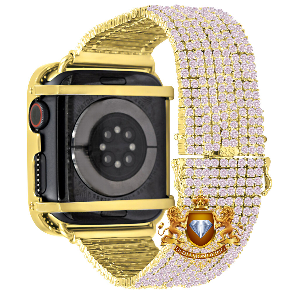 Pink Gold Tone Apple Watch Custom Pave Bezel & Band Combo Set 44mm Fit # 4,5,6