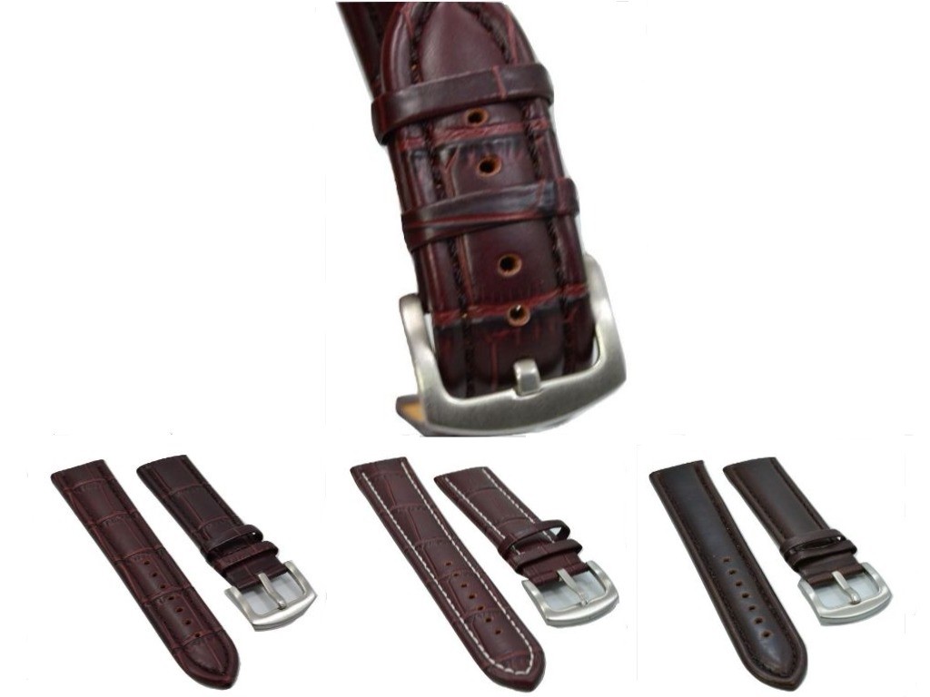 24mm Genuine Leather Thick Padded Heavy Duty Brown Pre-V Buckle Watch Band Strap