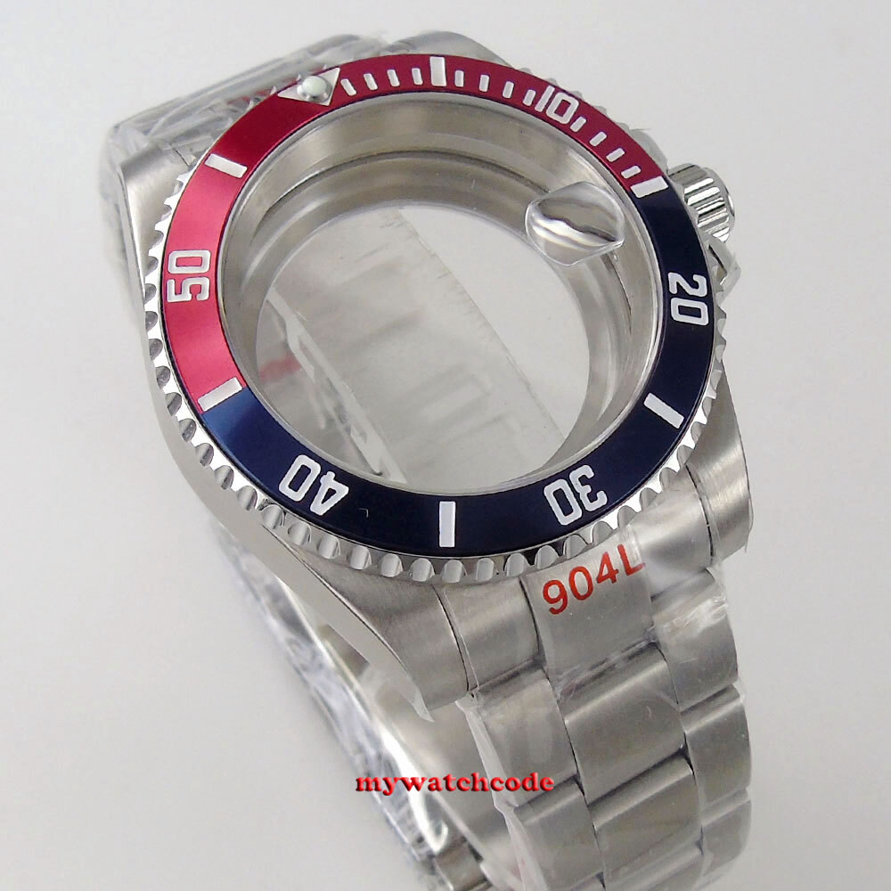 40MM SUB Watch Case Red Blue Bezel Sapphire Glass Fit NH34A NH35 NH36 2824 8215