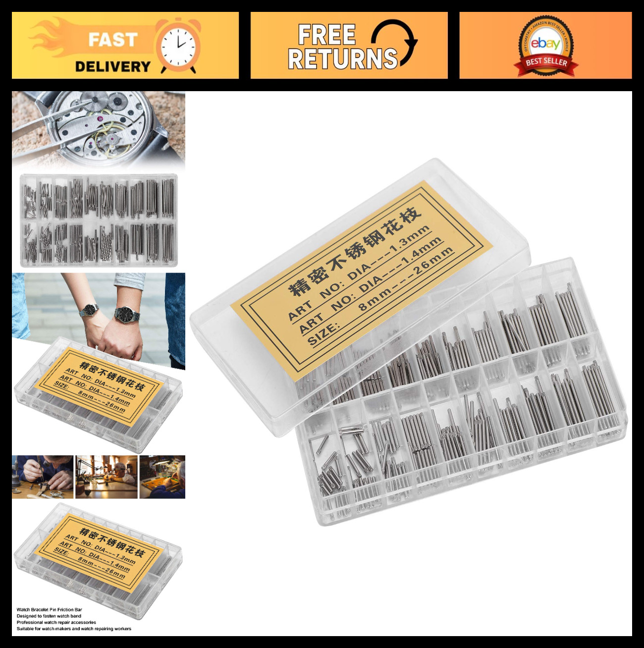 300Pcs Stainless Steel Watch Band Pins & Spring Bars Tools, 1.3-1.4Mm Assortment