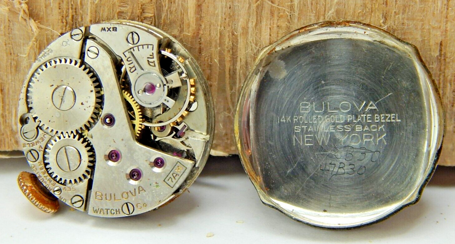 Vintage 1940 Bulova 7AM 17jewel ladies watch movement w/ dial, crown & case back