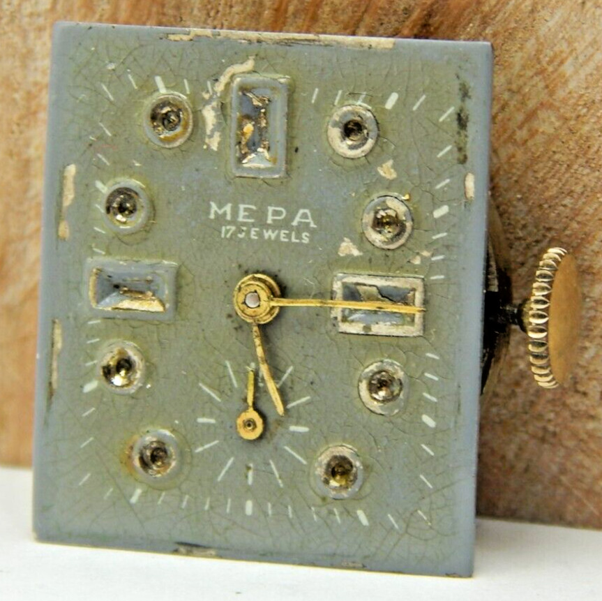 Vintage MEPA 17 jewel men’s art deco wrist watch movement with dial and crown
