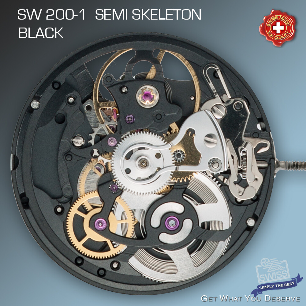 MOVEMENT SELLITA SW200-1 AUTOMATIC, SEMI-SKELETON, BLACK, COMPATIBLE ETA 2824