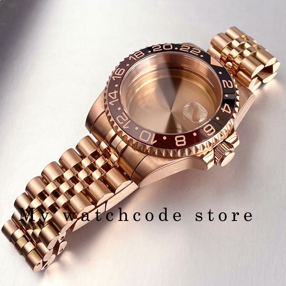 40mm Rootbeer Ceramic Bezel Sapphire Rose Golden Watch Case Fit NH35 NH36 2824
