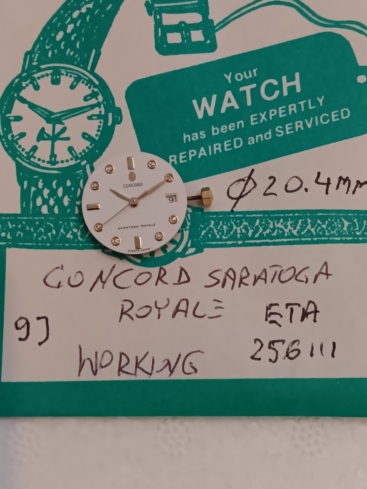 Concord Saratoga Royale Quartz Movement, Diamond Dial and Hands Included.