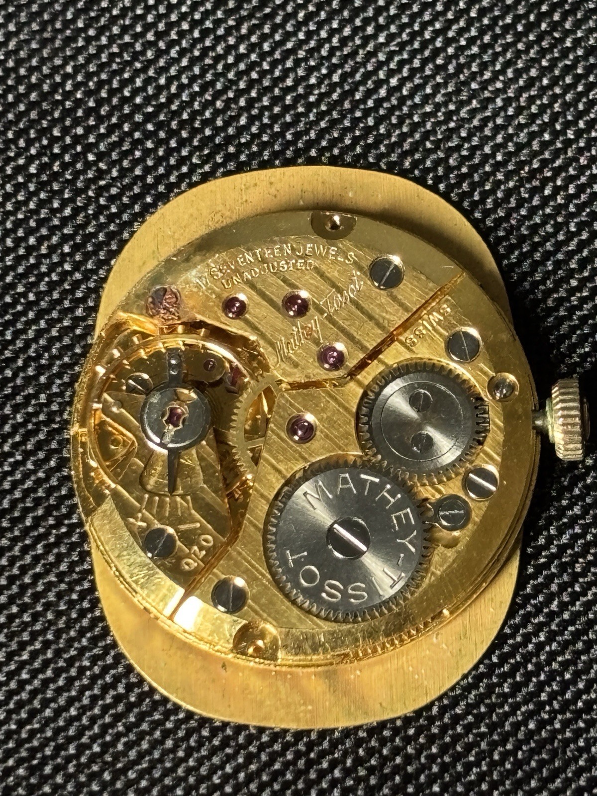 Vintage Mathey Tissot Watch Movement Dial Oval Roman Numeral 17J Parts/Repair