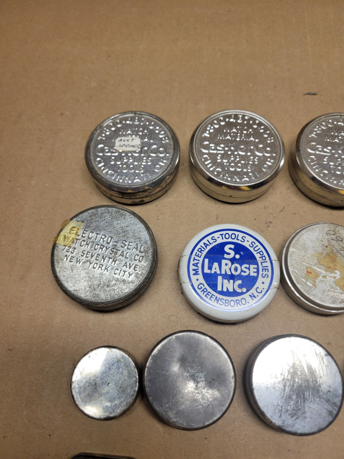 28 Watchmaker Tins for Parts or Movements Complete with Lids Signed Wide LT5