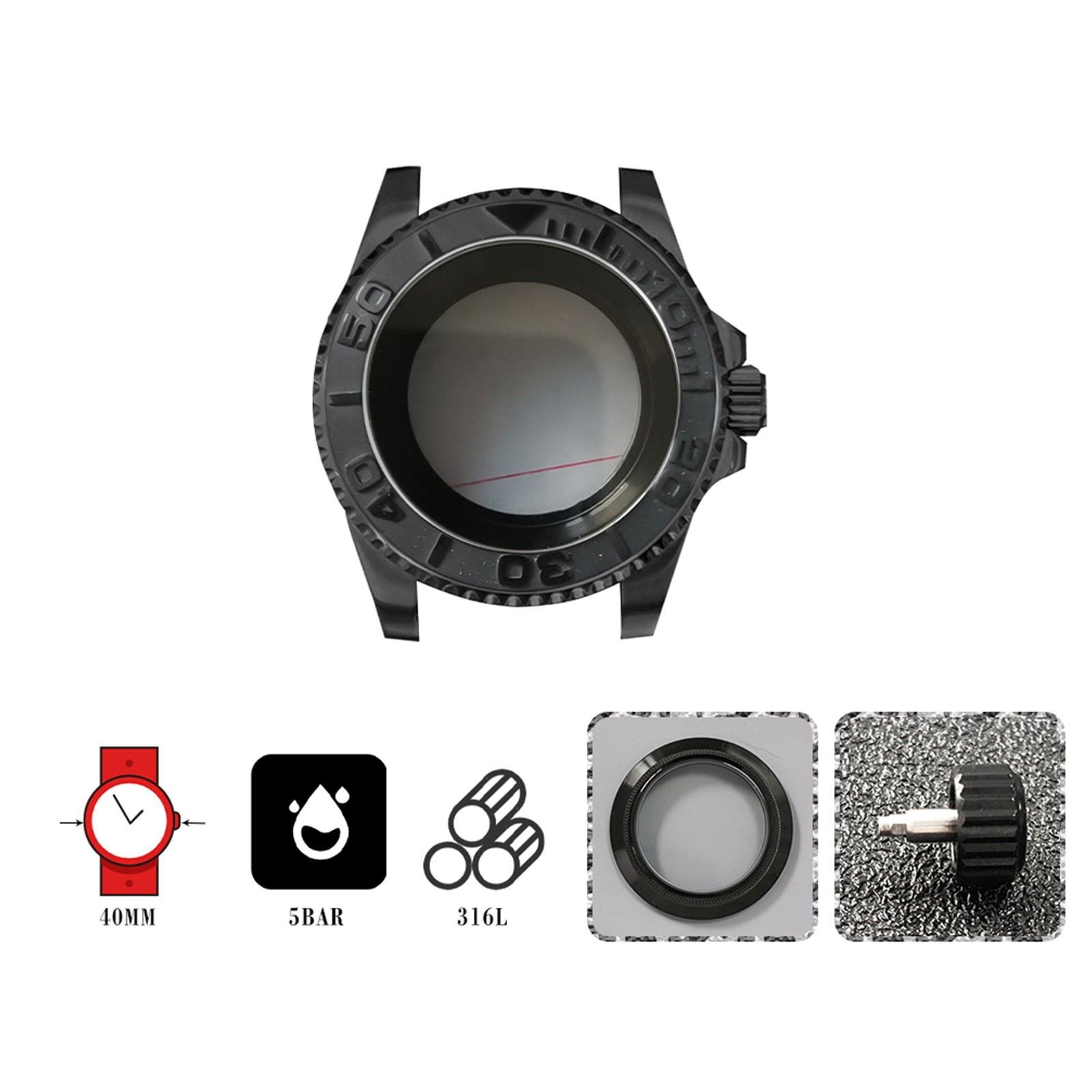 Watch Case 40MM PVD Black SUB Sapphire Flat Mirror Watch Case for NH35/NH36