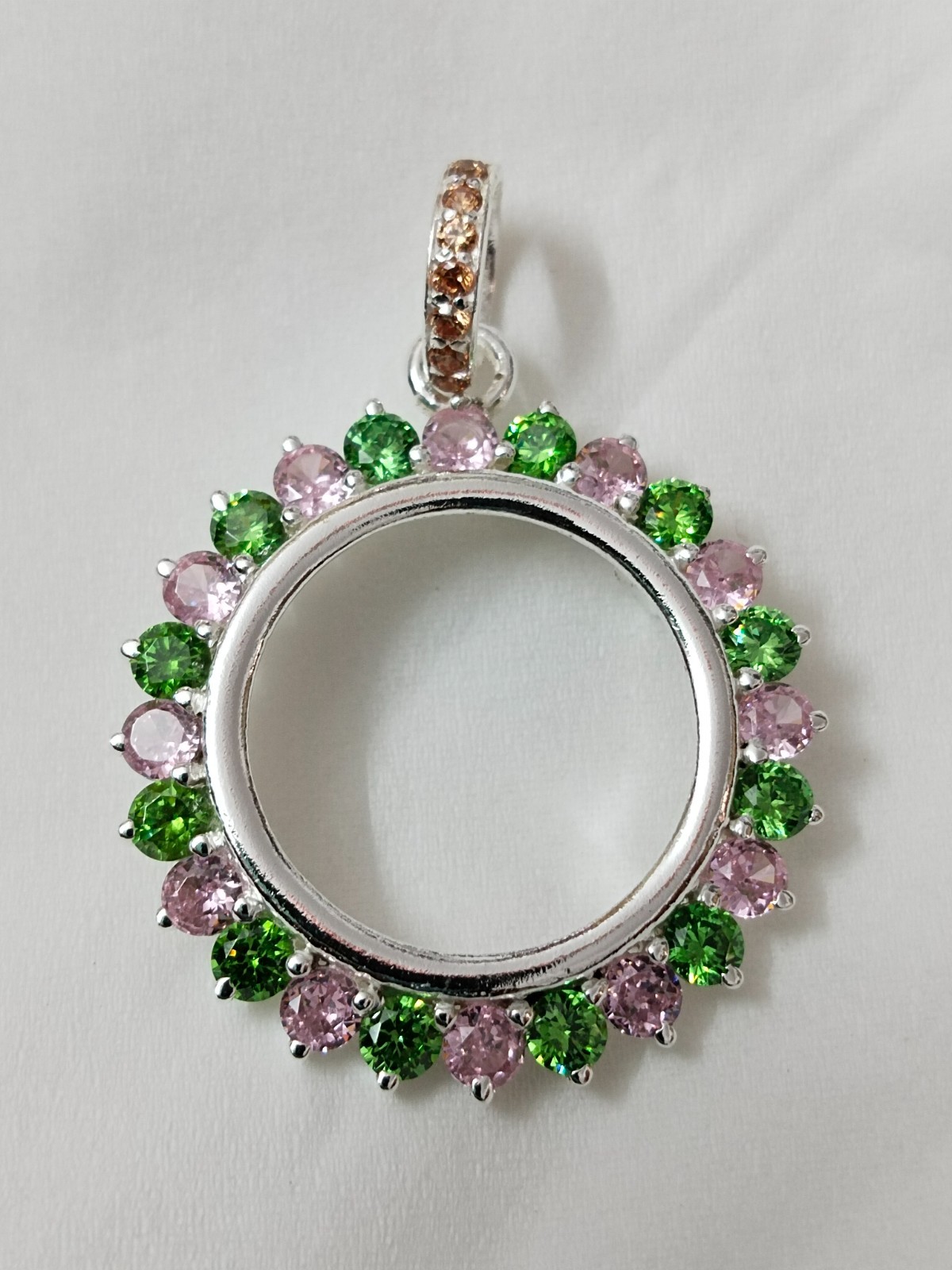 925 Sterling Silver Round Bezel Pendant Blank Green & Pink CZ Handmade Coin