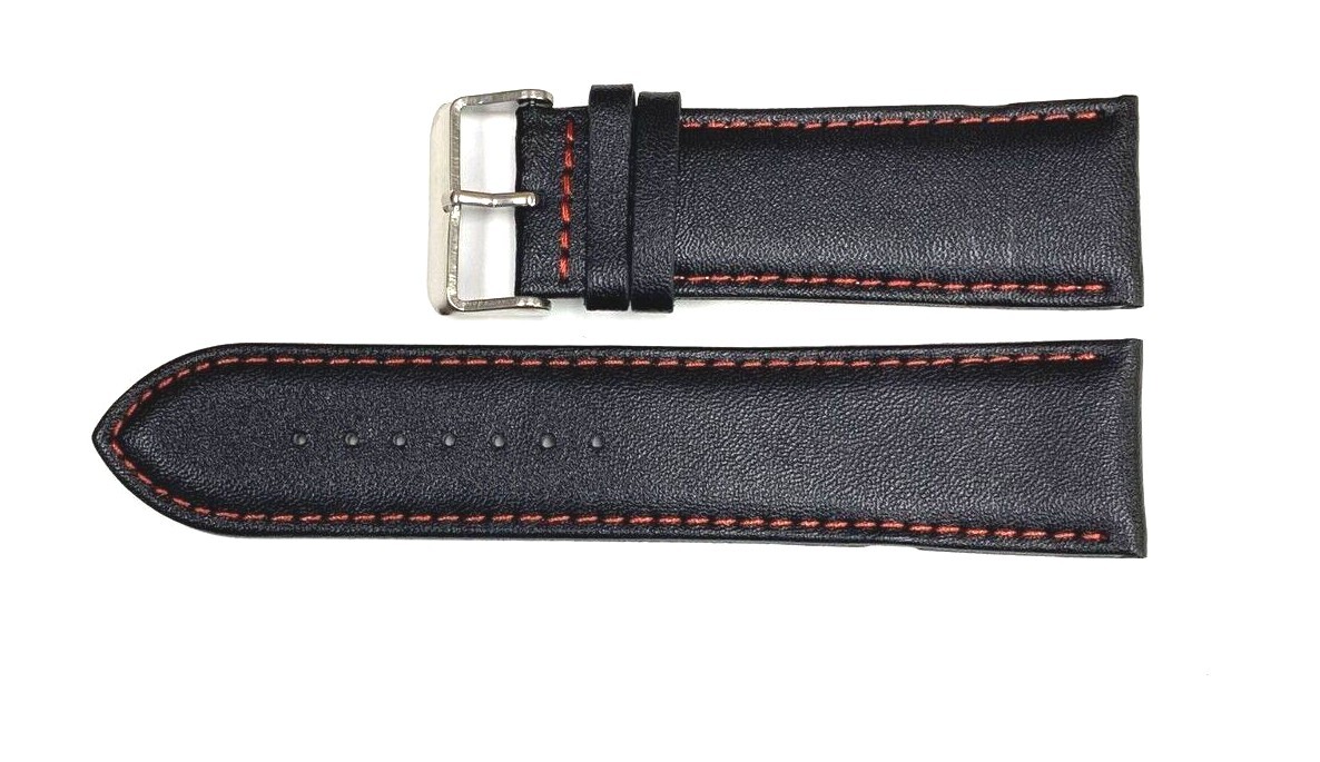 Watch Band Genuine Leather Plain PADDED With Stitches Black Color Of Size 24MM