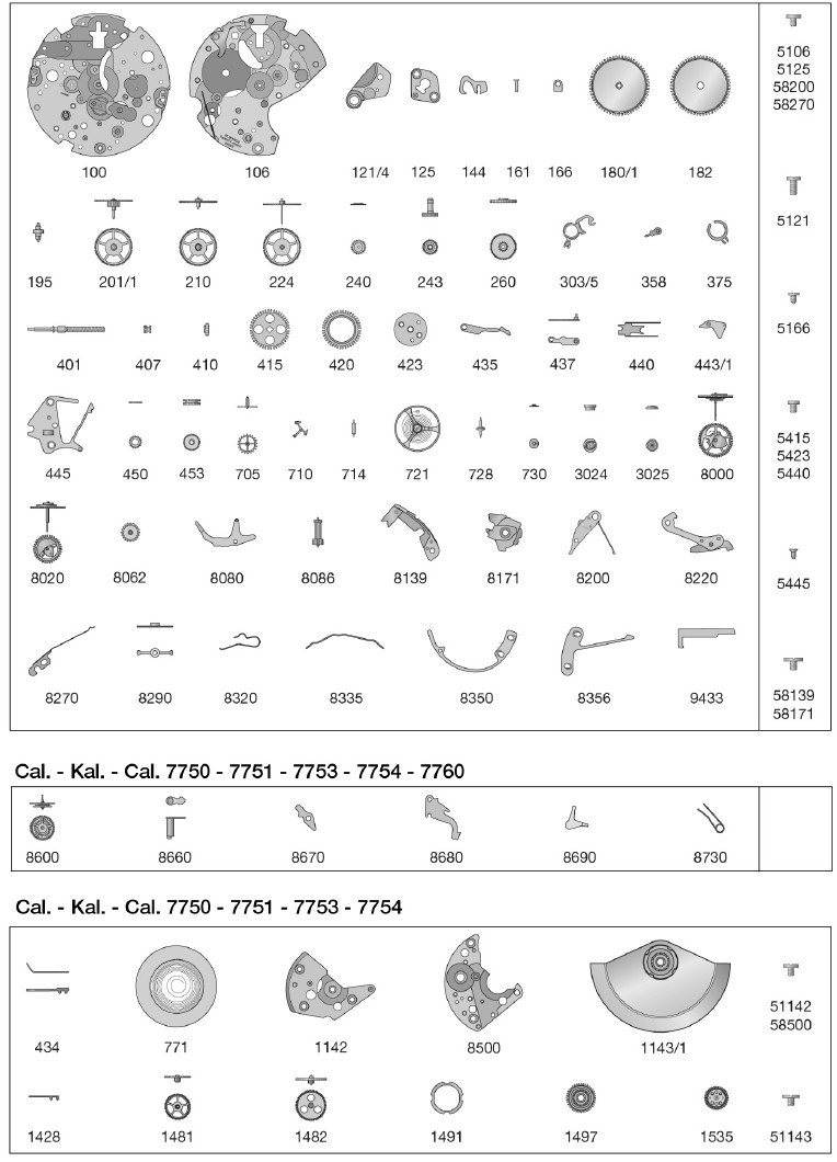 ETA 7750 – Movement Parts – New Sealed Genuine Factory Parts