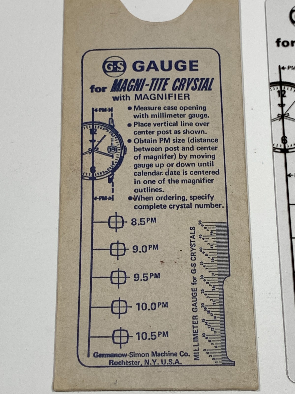 G-S GERMANOW-SIMON WATCH MAKERS GAUGE FOR G-S MAGNI-TITE CRYSTALS with MAGNIFIER