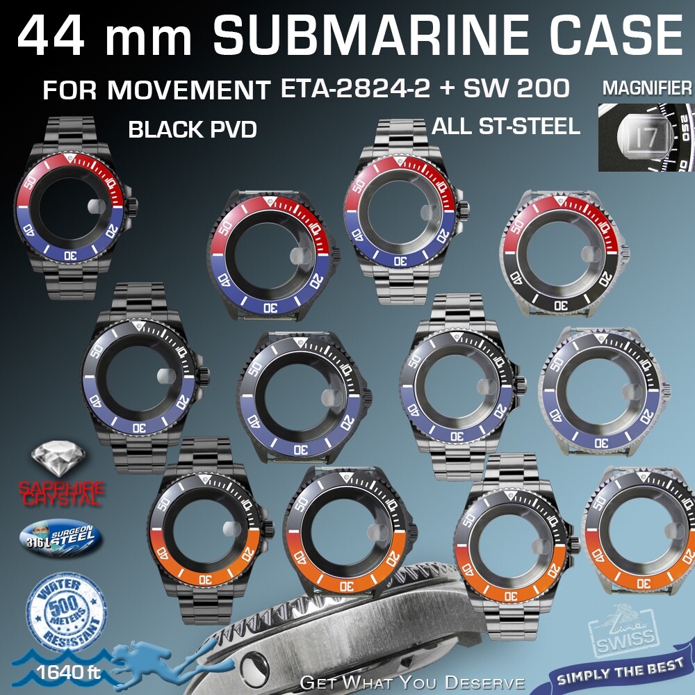 SUBMARINE CASE + BAND, DEEP SEA, 500 M/1640 ft. VALVE ETA 2824, SW200: 12 Var.