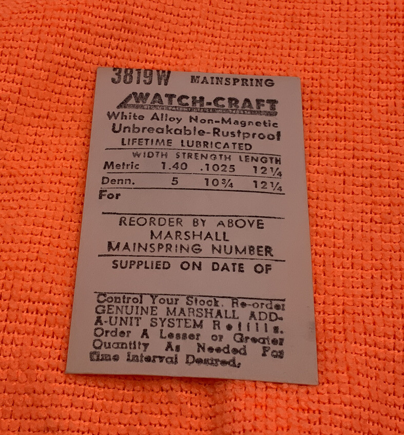 3818W Watchcraft Mainspring (5X10.75X12.25)Part # 5107L. New Old Stock