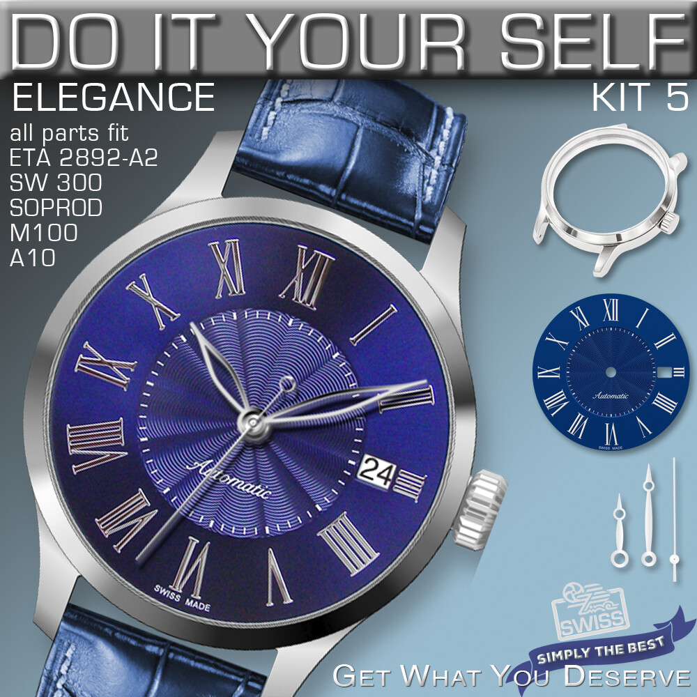 DO IT YOURSELF KIT 5: ELEGANCE CASE 34MM, DIAL, HANDS, fit ETA 2892-A2, SW300