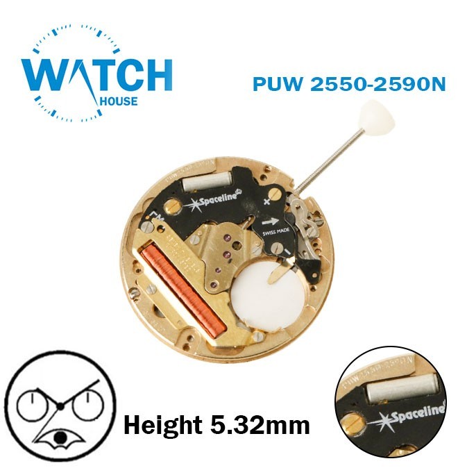 PUW 2550-2590N Swiss Chronograph Movement, H:5.32mm,3 Hands with Moon Phase, NOS