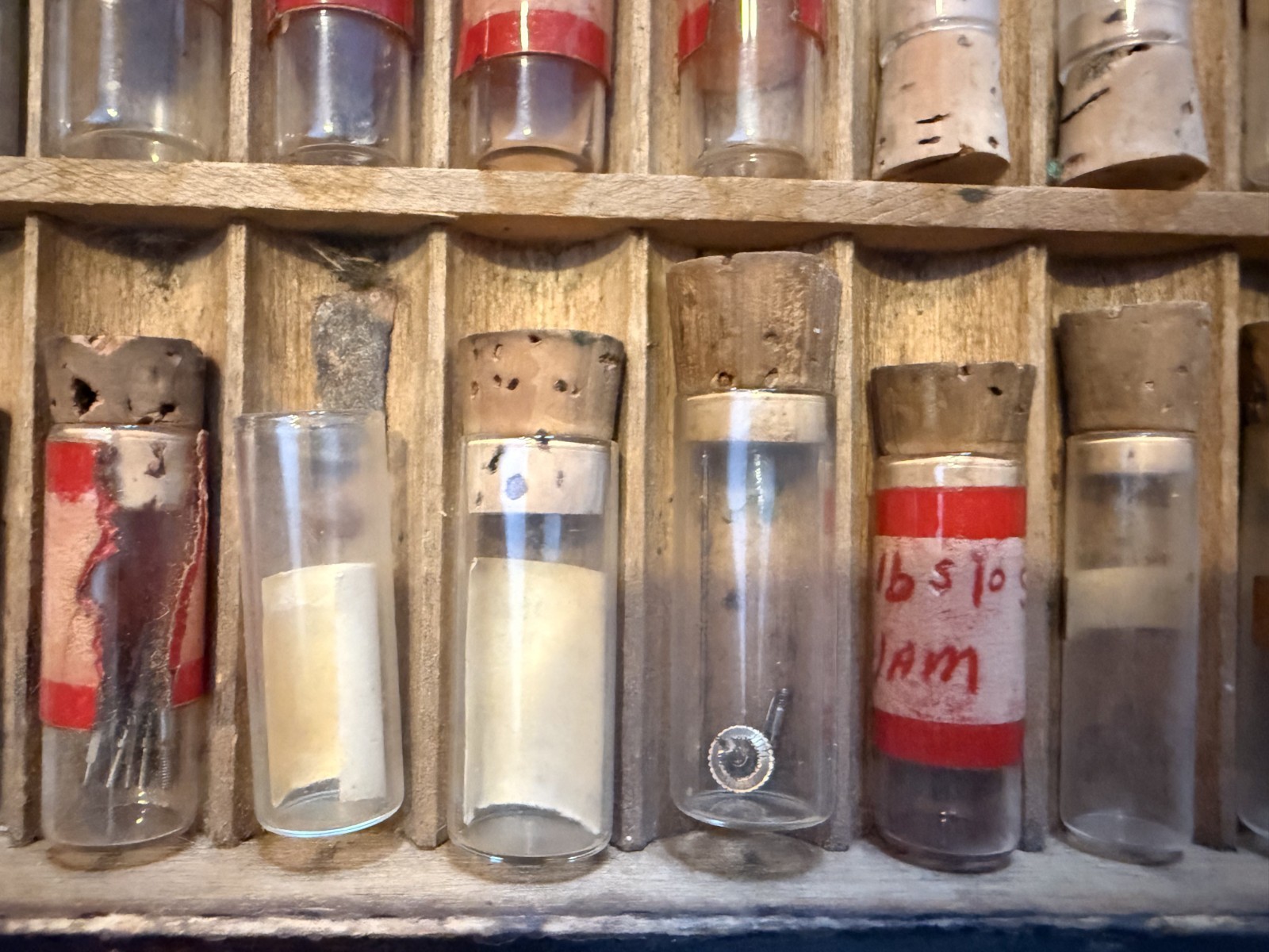 Vintage LOT Best Fit Watch Parts Crowns Stems Screws w/ Vials in Wood Drawer bar