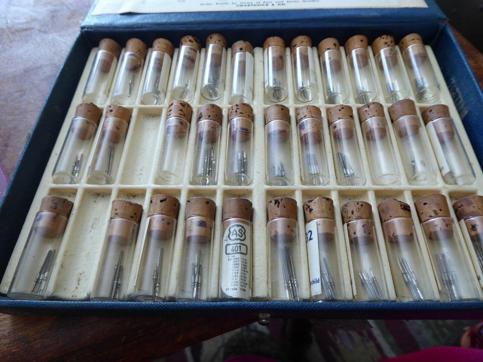Vtg Swartchild Stem Assortment No 90318 Watchmaker Kit 34 Vials w/ Parts & Chart