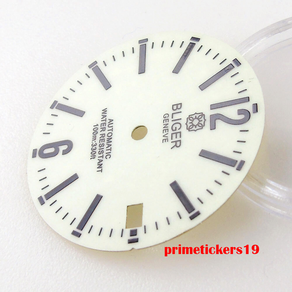 BLIGER 29mm Green White Watch Dial Black Marks Date Luminous Fit NH35 NH36 Movt