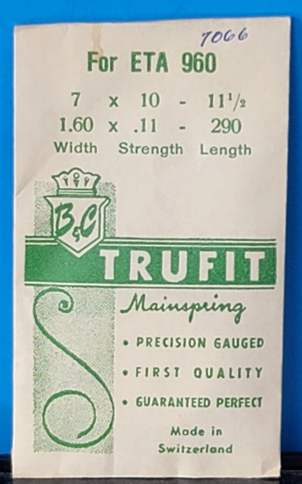 WB1g: B&C Trufit Mainspring for ETA 960 7×10-11½ 1.60x.11-290 NOS Swiss Made