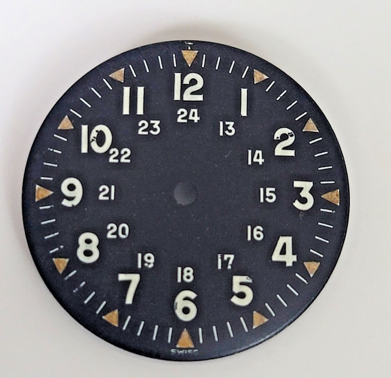 Vintage Swiss Military Watch Dial 28mm Black Luminous Arabic Numerals WP1-14