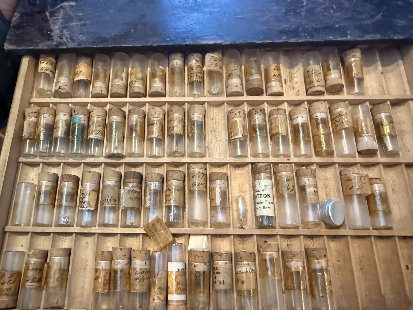 Vintage LOT Best Fit Watch Parts Crowns Stems Screws w/ Vials in Wood Drawer bar
