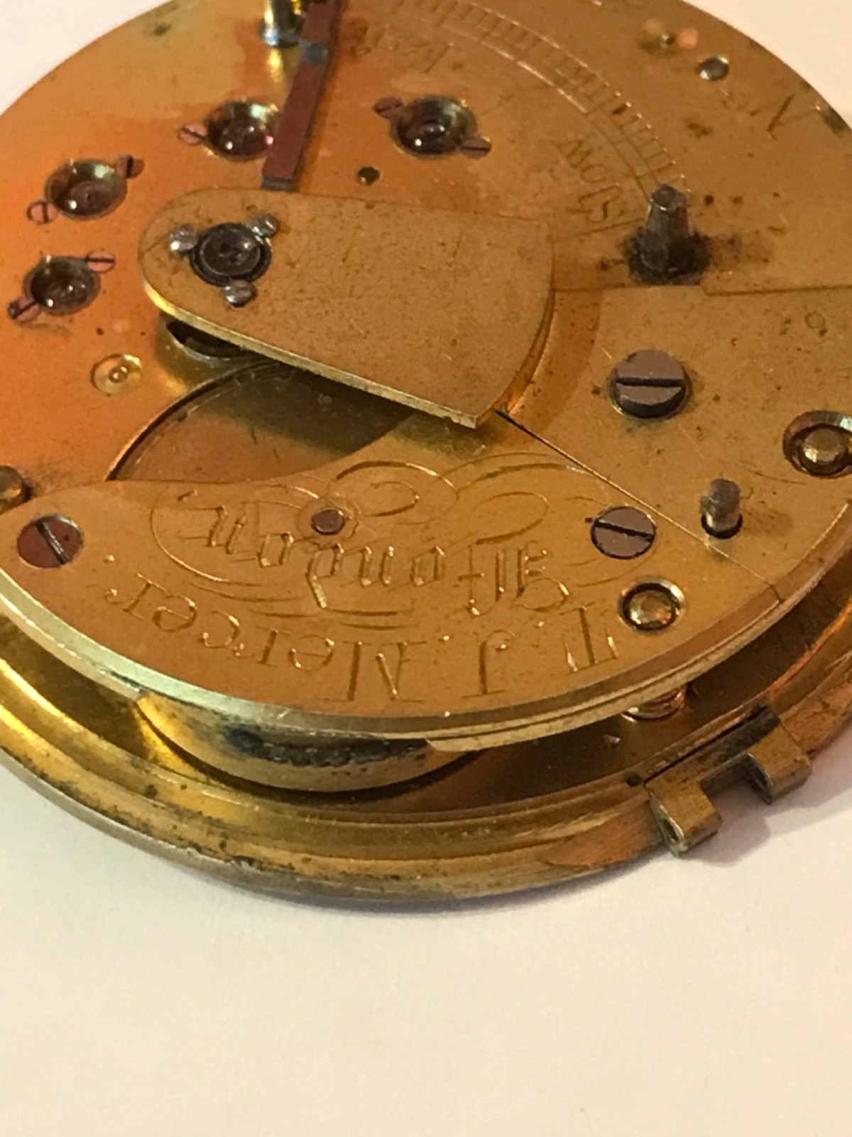 Antique T J Mercer London Pocket Watch Fusee Part Movement 47mm Diameter