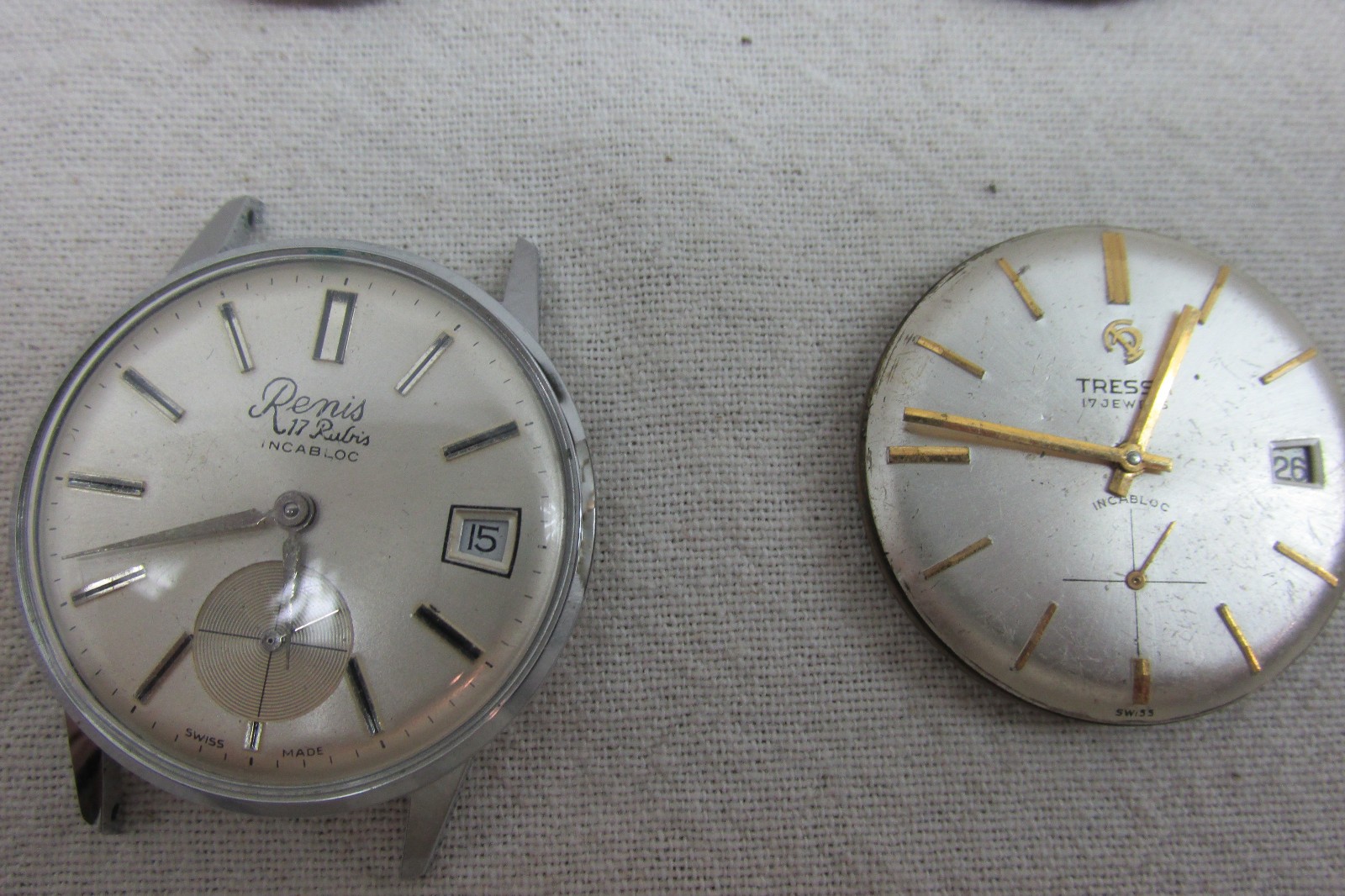 Lot of 6 Vintage Swiss UT Unitas Movements & Dials – Tressa, Renis, Denis – 17 J