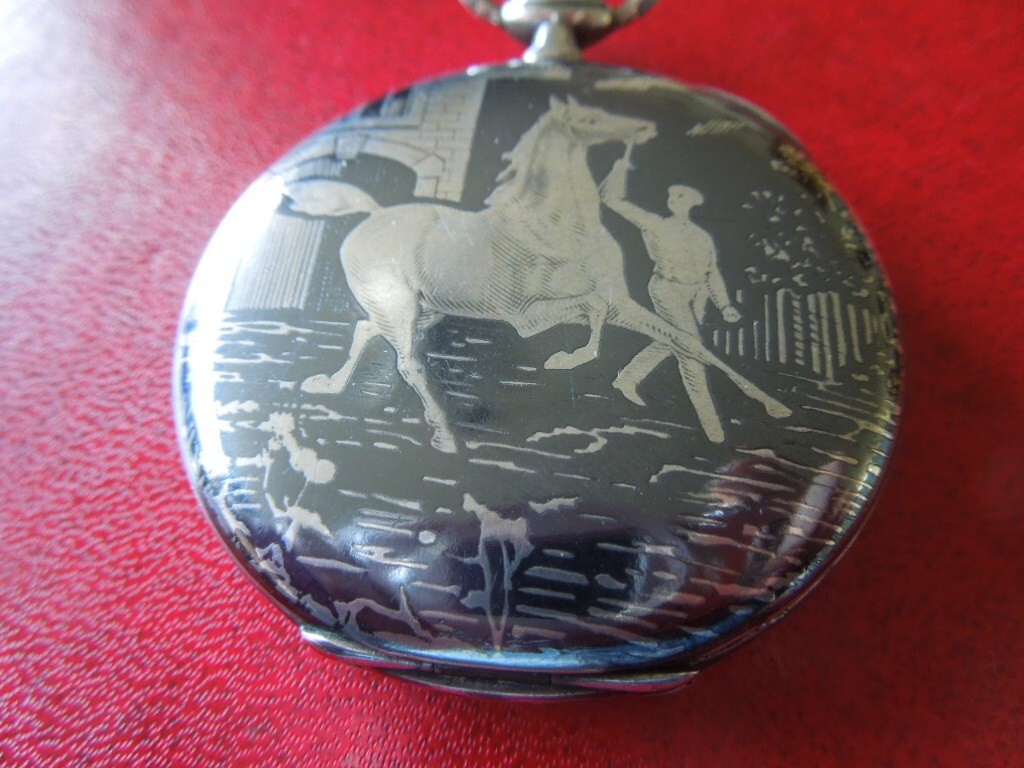 J4939 POCKET WATCH MOVADO NIELLO HORSES FULL HUNTER HUGUENIN FR. SEE DESCR