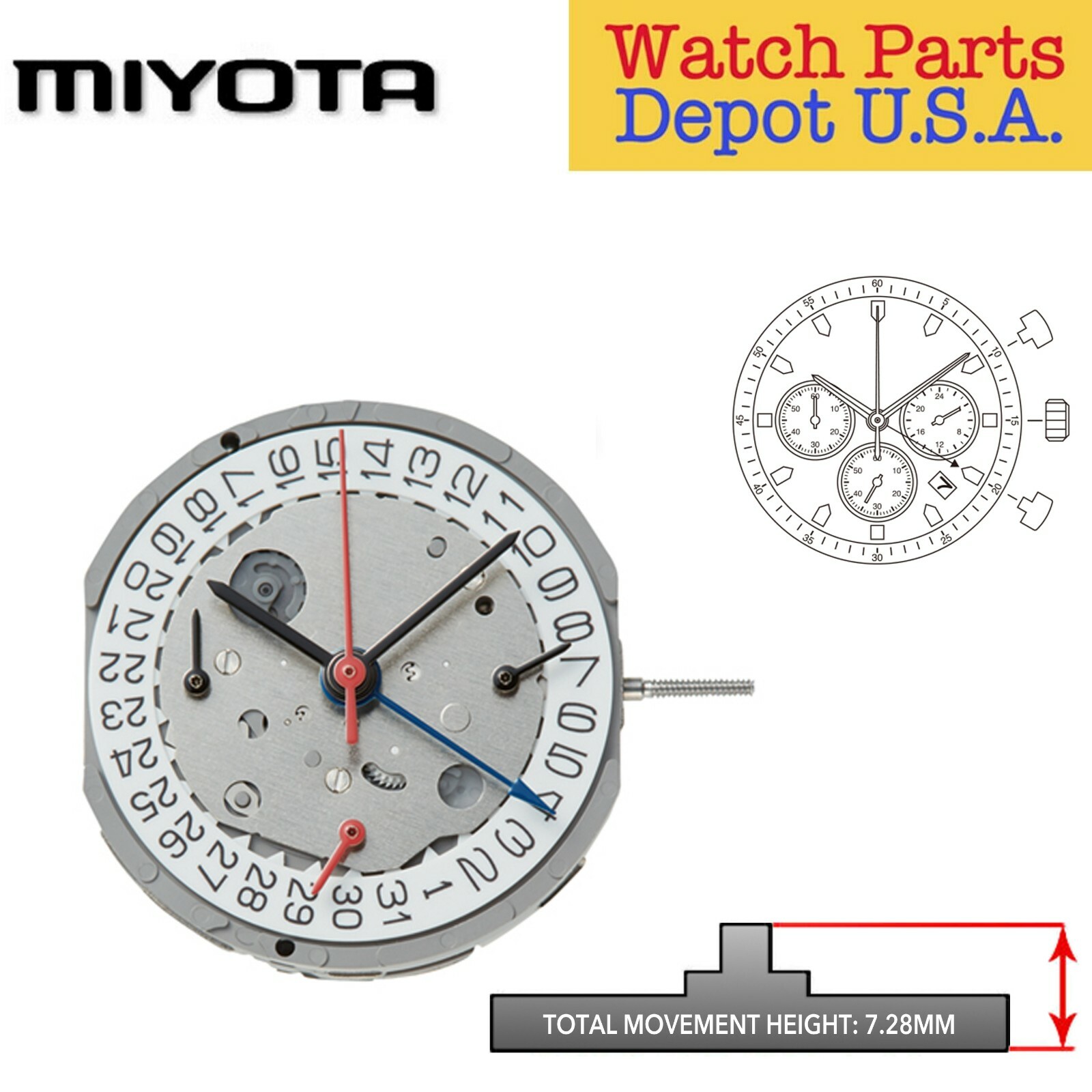 Original Miyota FS26 Japan Quartz Movement, 4 Hands, Date at 4:30, 3 Eyes – NEW!