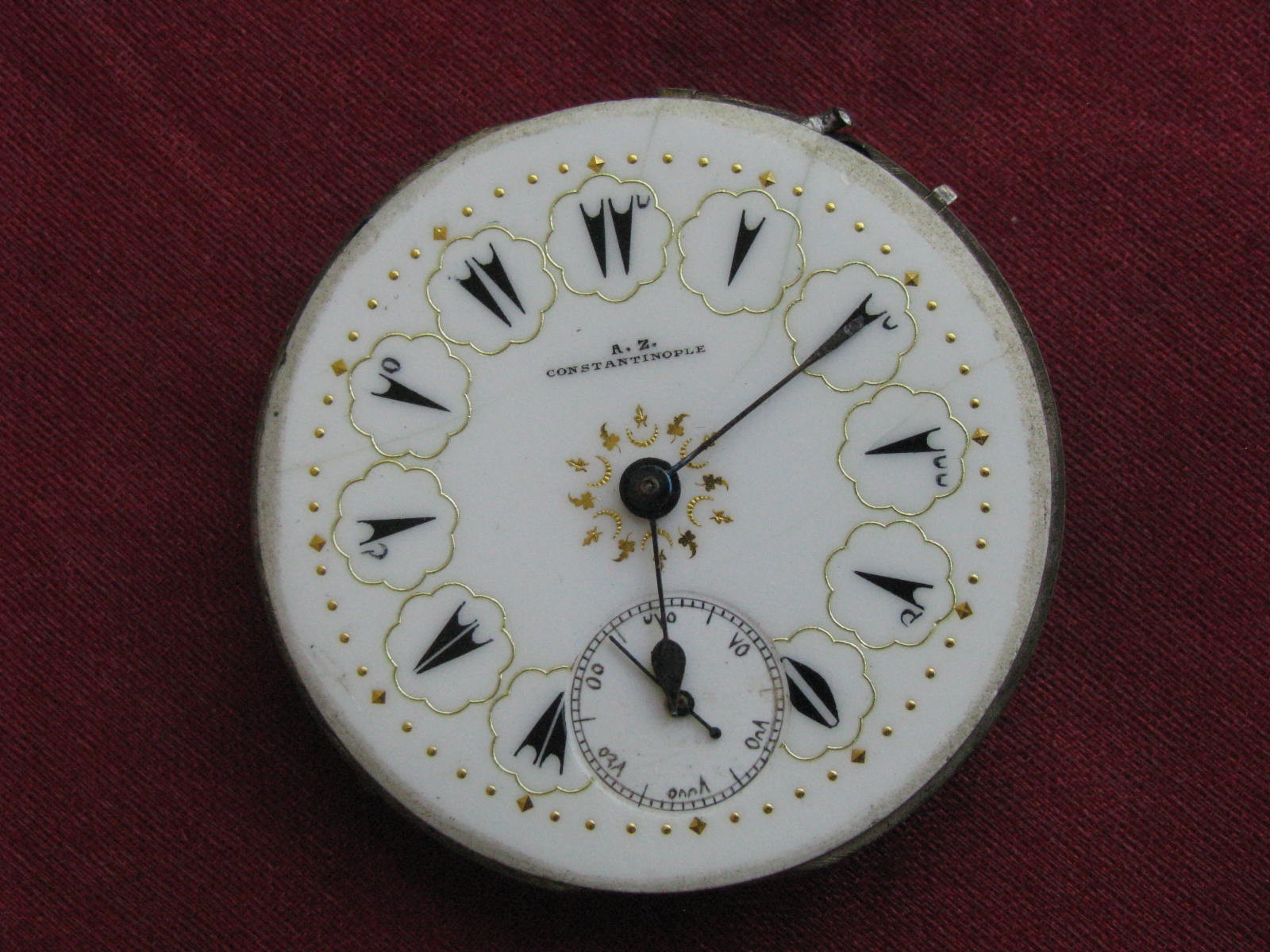 Antique Swiss 19 ligne Pocket Watch Movement, Parts/Repair, Fancy Turkish Dial