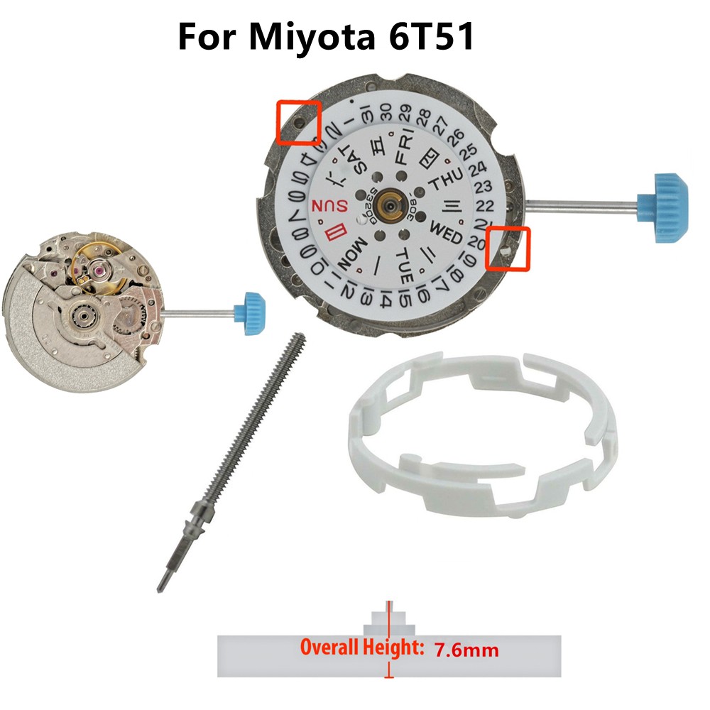 28,800bph 21 Jewels Watch Movement With Stem&Movement Ring For Miyota 6T51
