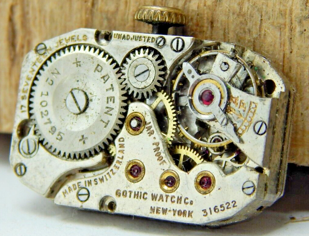 Vintage Gothic 17 jewel art deco Jar-Proof wrist watch movement w/ dial & Hands