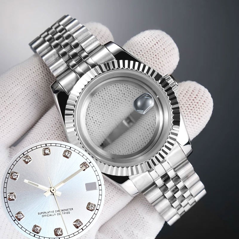 Fluted Bezel 36MM Sapphire Glass Watch Case Set Fit Japan NH35 NH36 movement
