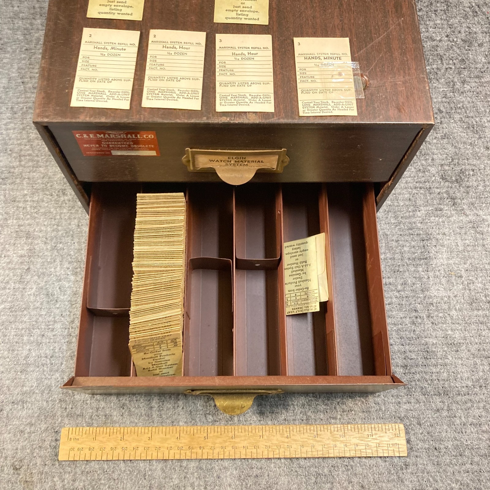 C&E Marshall Elgin Watch Parts 100+ Watch Hands Metal Cabinet 2 Drawer 178+ Pc