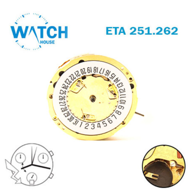 ETA 251.262 Gucci-Swiss Chronograph Movement-3 Counter-White Date at 6-H:6.59mm.