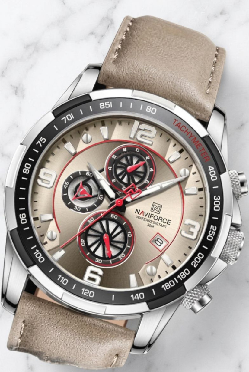 Men’s Sporty Watch Analog Quartz Chronograph Gold Dial Gray Leather Strap