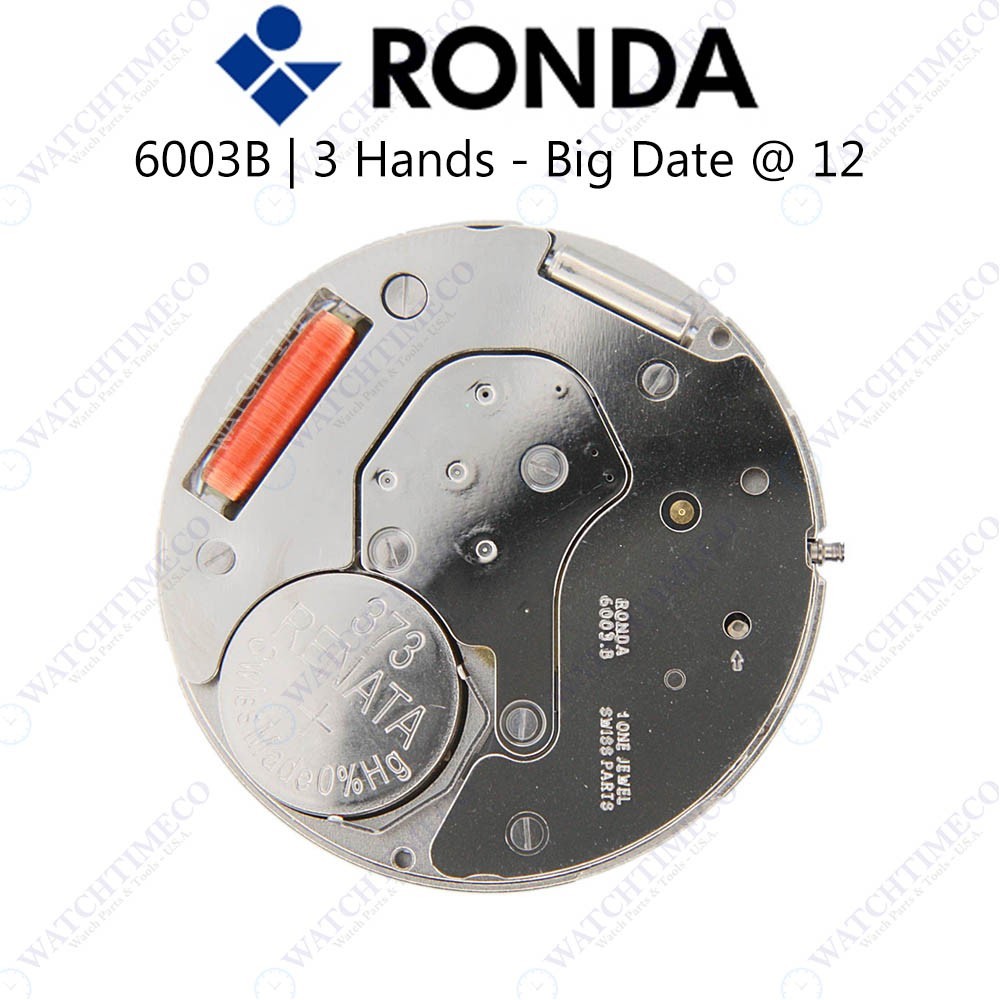 Genuine Ronda 6003B Watch Movement Swiss Parts 3 Hands, Date at 12