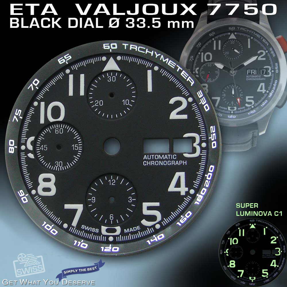 DIAL FOR MOVEMENT ETA VALJOUX 7750, TACHYMETER RING, BLACK, SUPER LUM. Ø 33.5mm