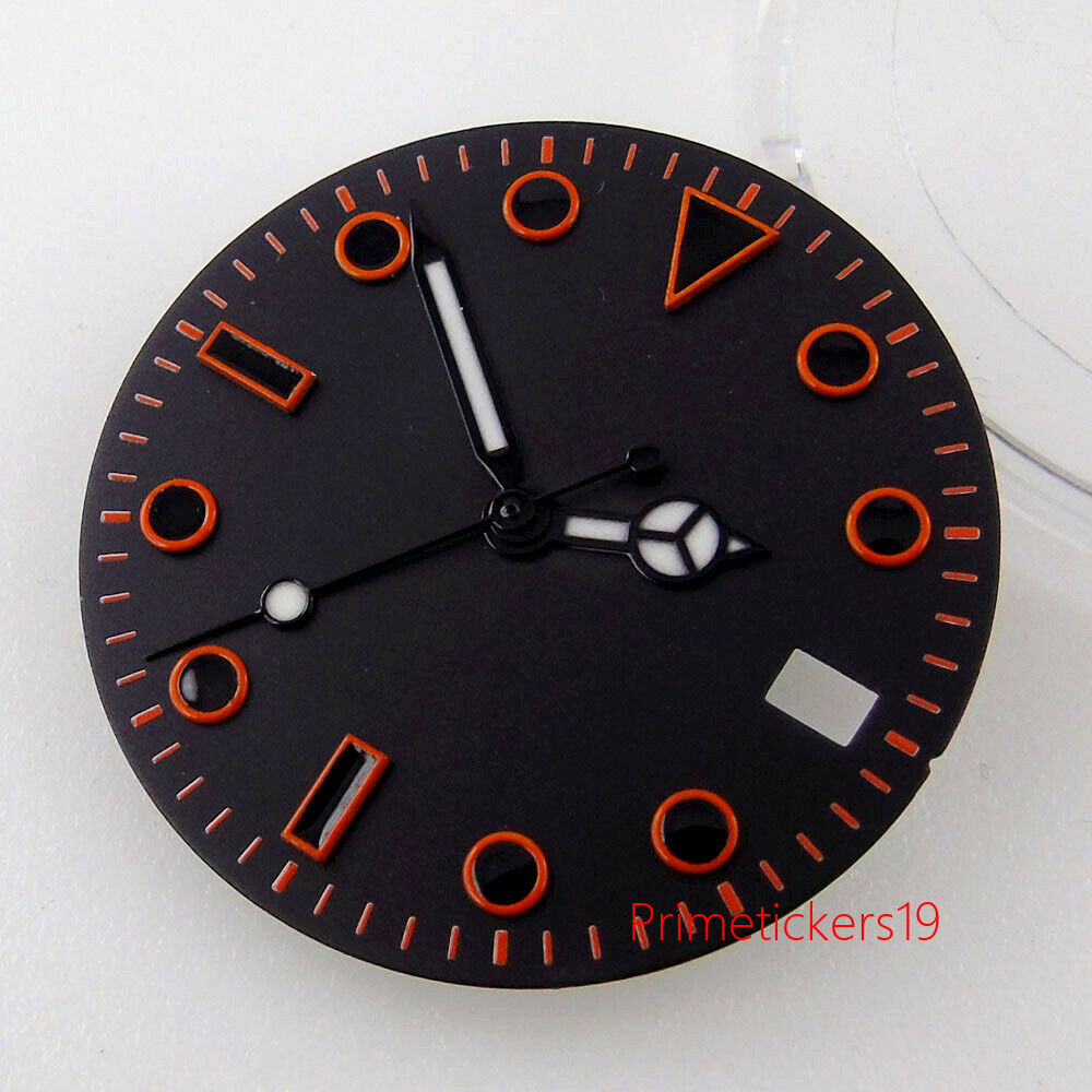 29mm Black Watch Dial Date Window Orange Marks Fit NH35 NH36 MIYOTA82 ETA2824