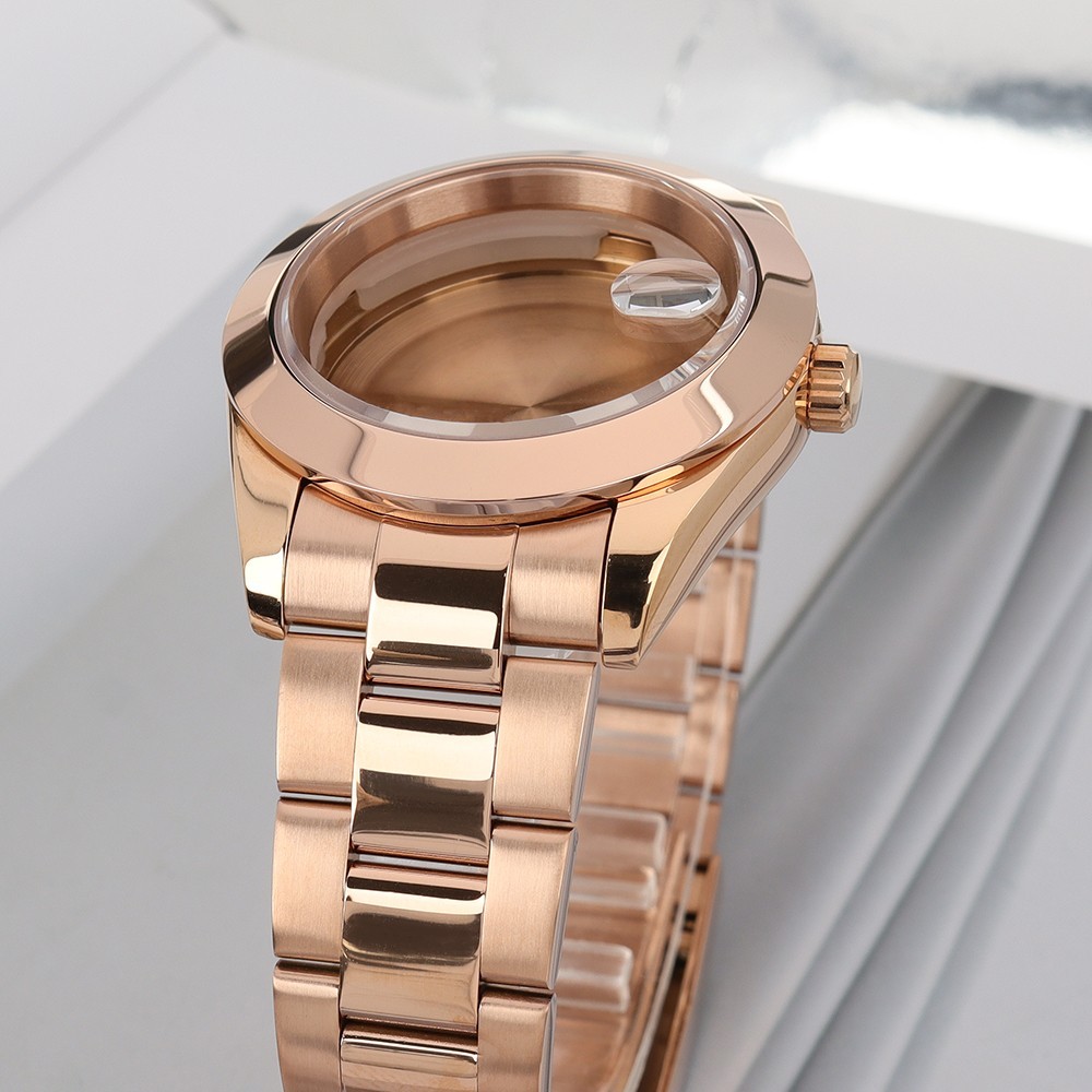 Rose Gold Oyster Brushed Watch Case+Fine Steel BAND 10ATM For Seiko NH35 34 NH36