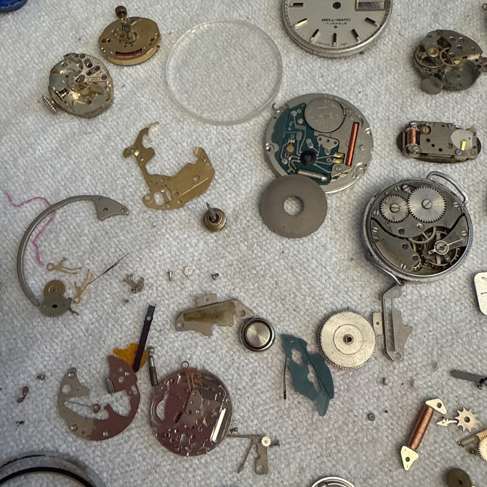 Vintage Watchmaker Repair Lot- Mixed Movements, Dials, Gears