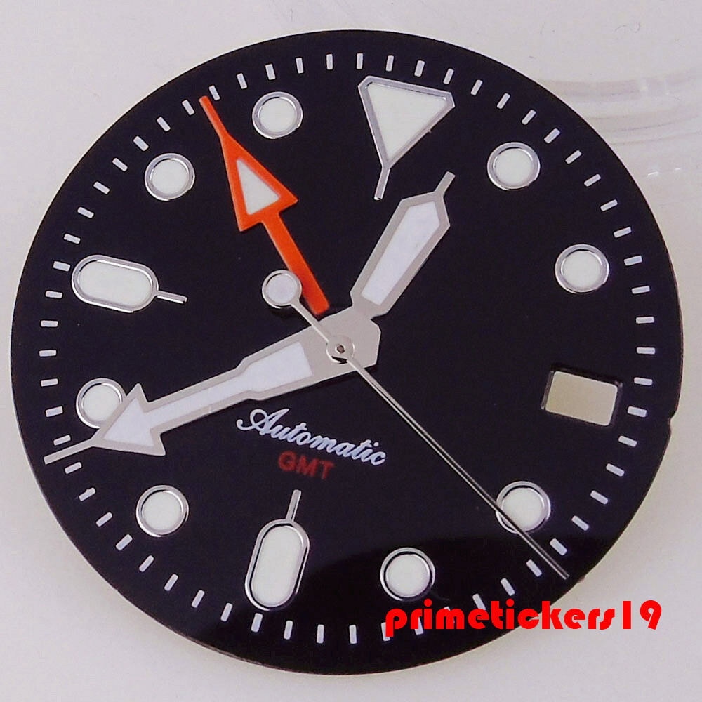 Fit NH34 GMT Movt 29mm Sterile Watch Dial Black Orange Face Date Hands Luminous