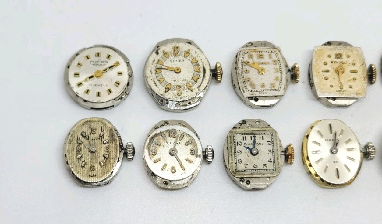 Vintage Lot Of 12 Mechanical Watch Movements For Repair Bulova Waltham
