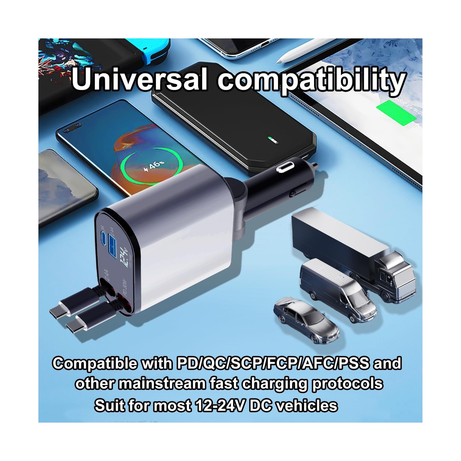 Retractable Car Charger 4 in 1 USB C Fast Charger with Dual Type-C … Fast Ship