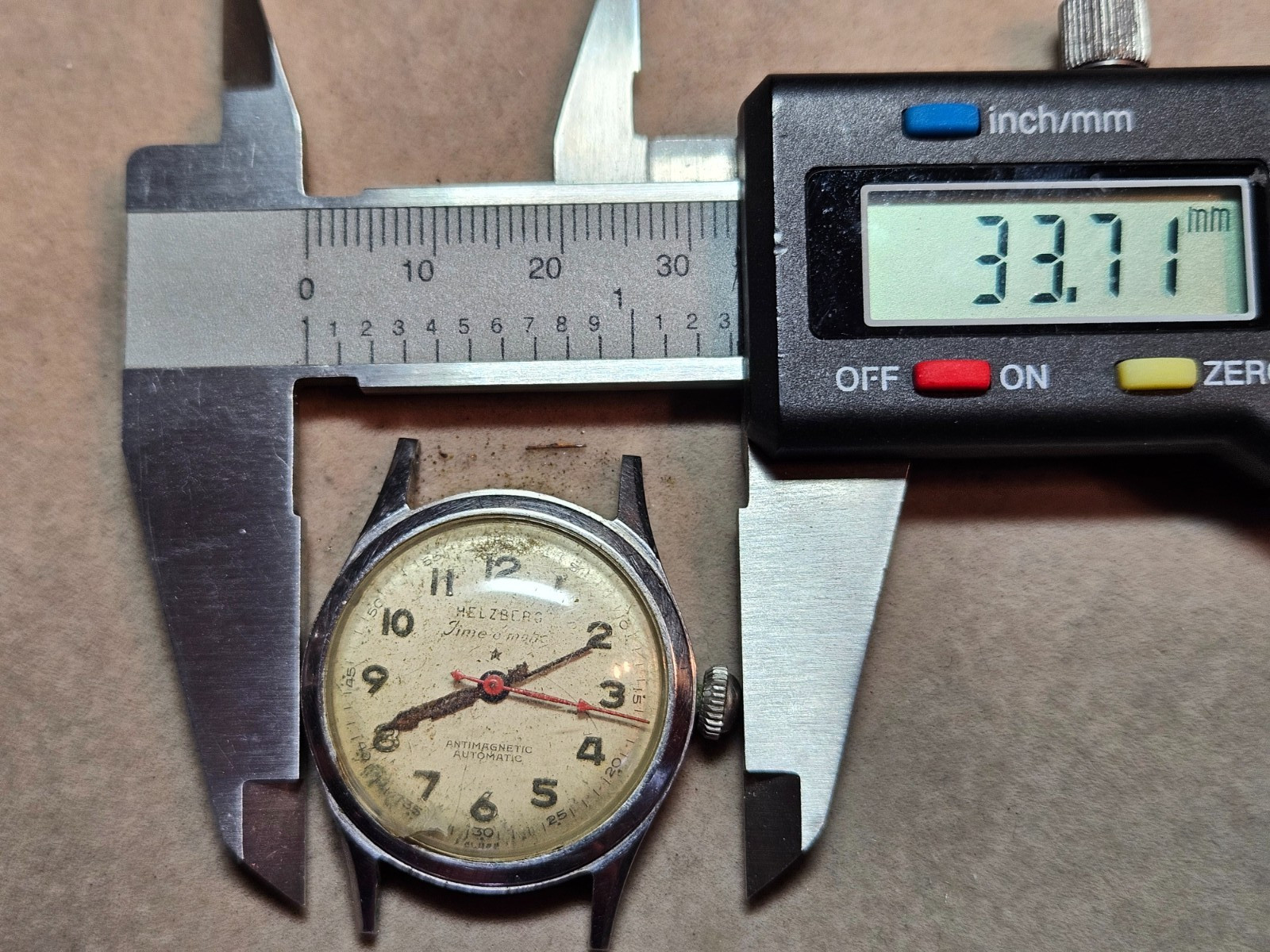 Vintage Helzberg Time-O-Matic Military Dial Auto Watch – Good Bal – Not Working