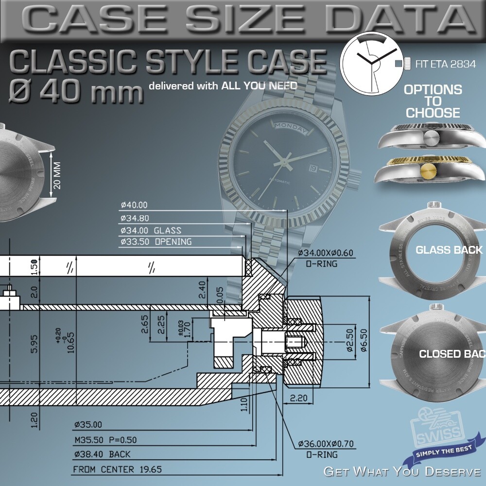 WATCH CASE CLASSIC, Ø 40MM, ST.STEEL, fit DAY/DATE MOVEMENTS: ETA-2834, SW 240