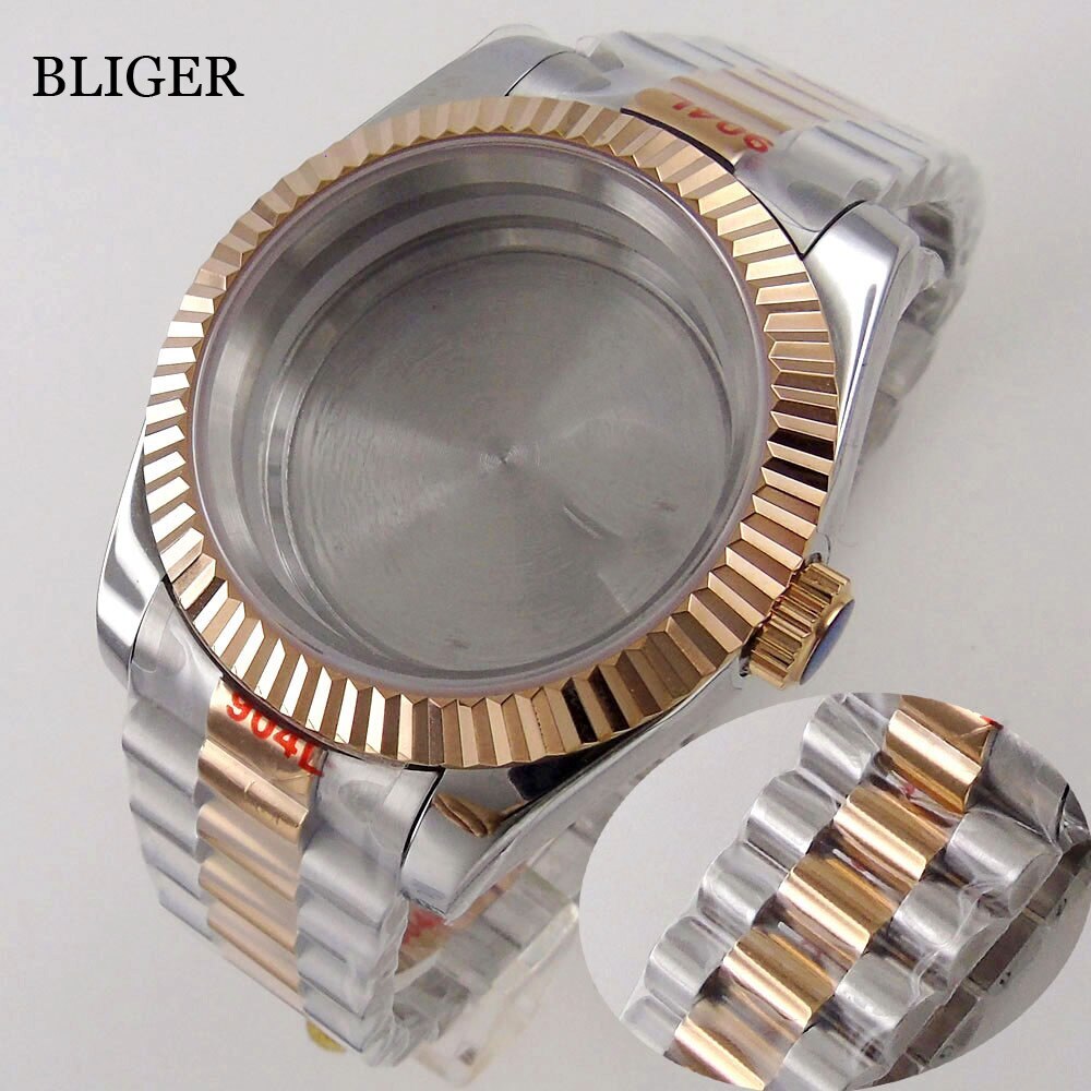 36MM/39MM Rose Gold Watch Case Fluted Bezel fit NH35 PT5000 President Bracelet